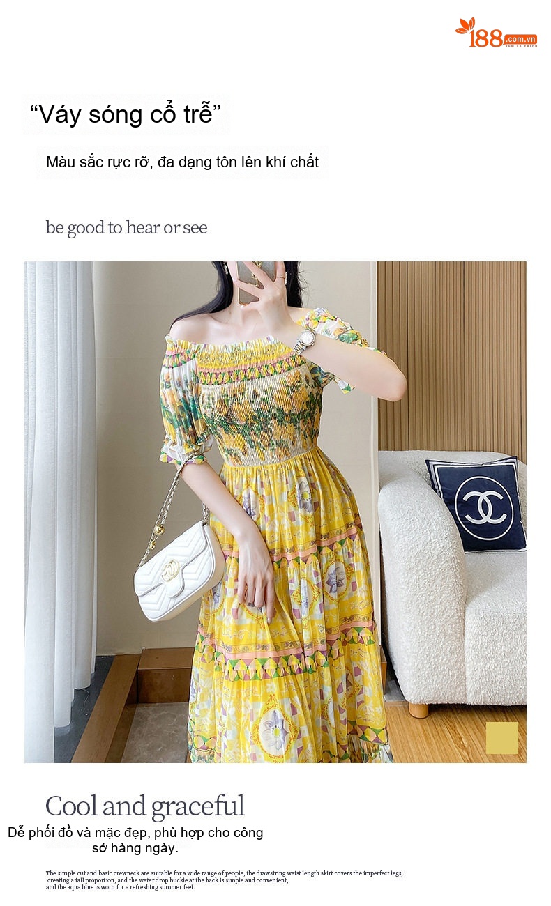 Váy Maxi Nữ Tay Ngắn Họa Tiết Hoa Nhí Cổ Trễ Vai Chất Liệu Voan Lưới Màu Vàng chi tiết 4