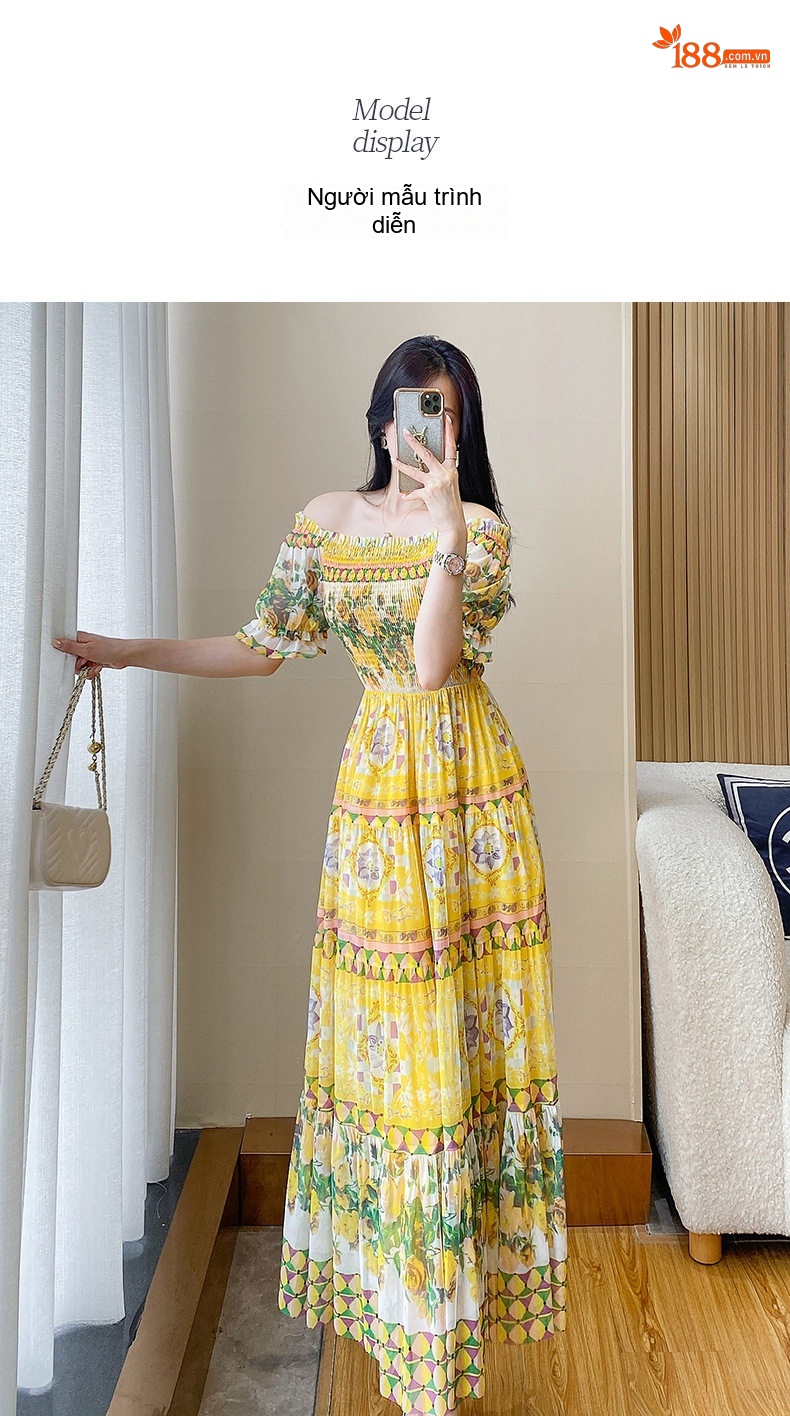 Váy Maxi Nữ Tay Ngắn Họa Tiết Hoa Nhí Cổ Trễ Vai Chất Liệu Voan Lưới Màu Vàng chi tiết 8