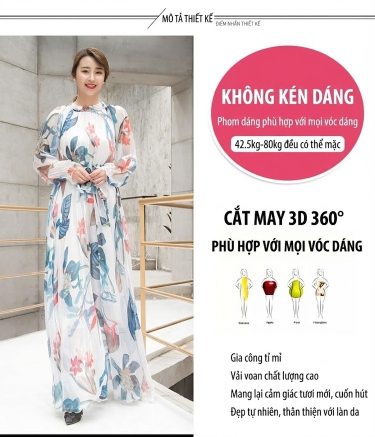 Váy Maxi Tay Dài Phong Cách Bohemian Thích Hợp Đi Biển Màu Trắng Họa Tiết Xanh, Đỏ chi tiết 2