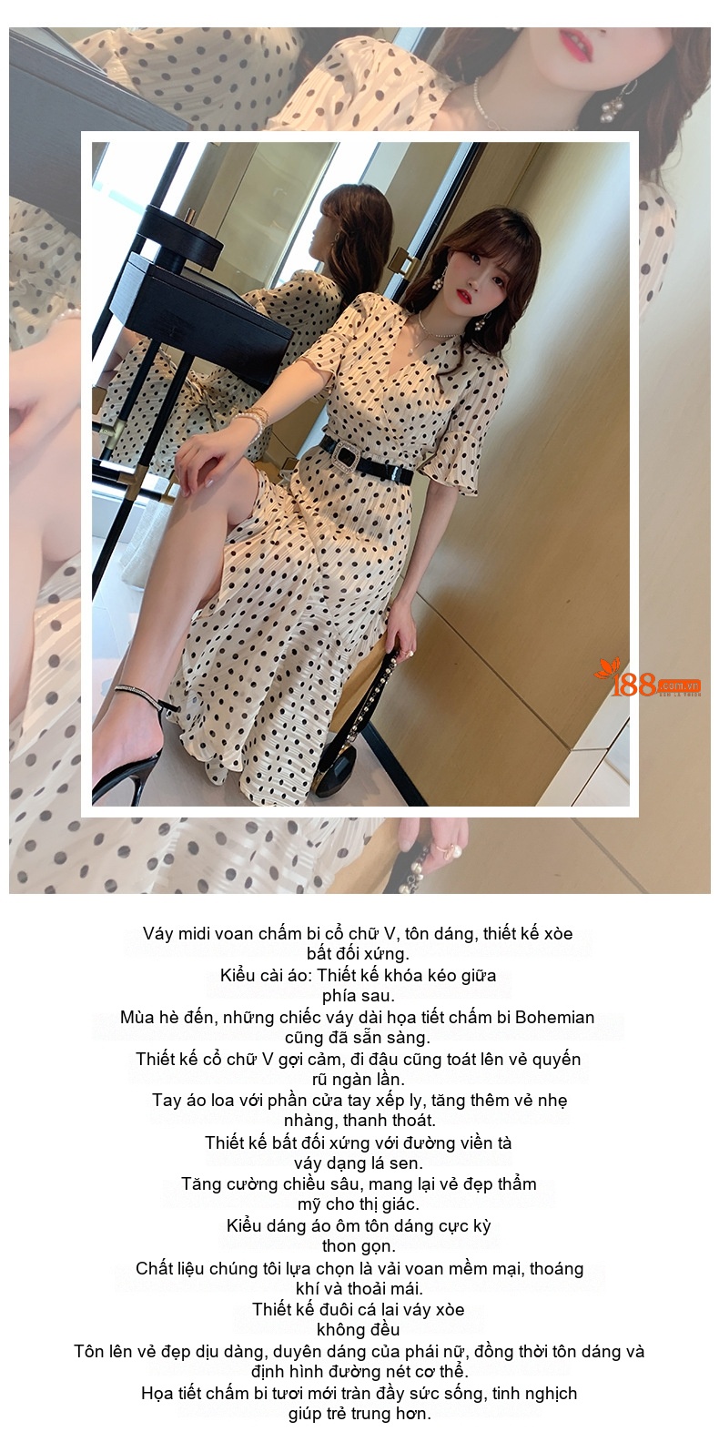 Váy Midi Nữ Cổ chữ V Chấm Bi Tay Lỡ Xếp Ly Bèo Nhún Đuôi Cá chi tiết 1