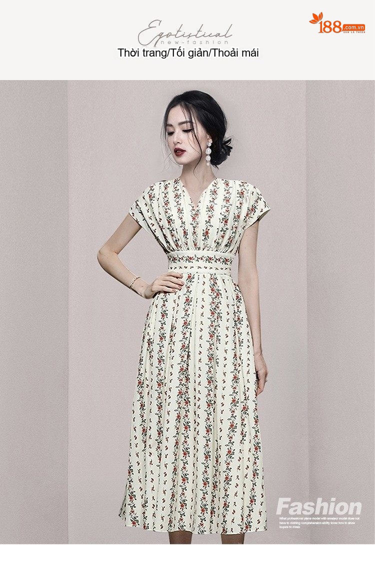 Váy Midi Nữ Cổ chữ V In Hoa Nhí Thu Eo dáng chữ A chi tiết 1