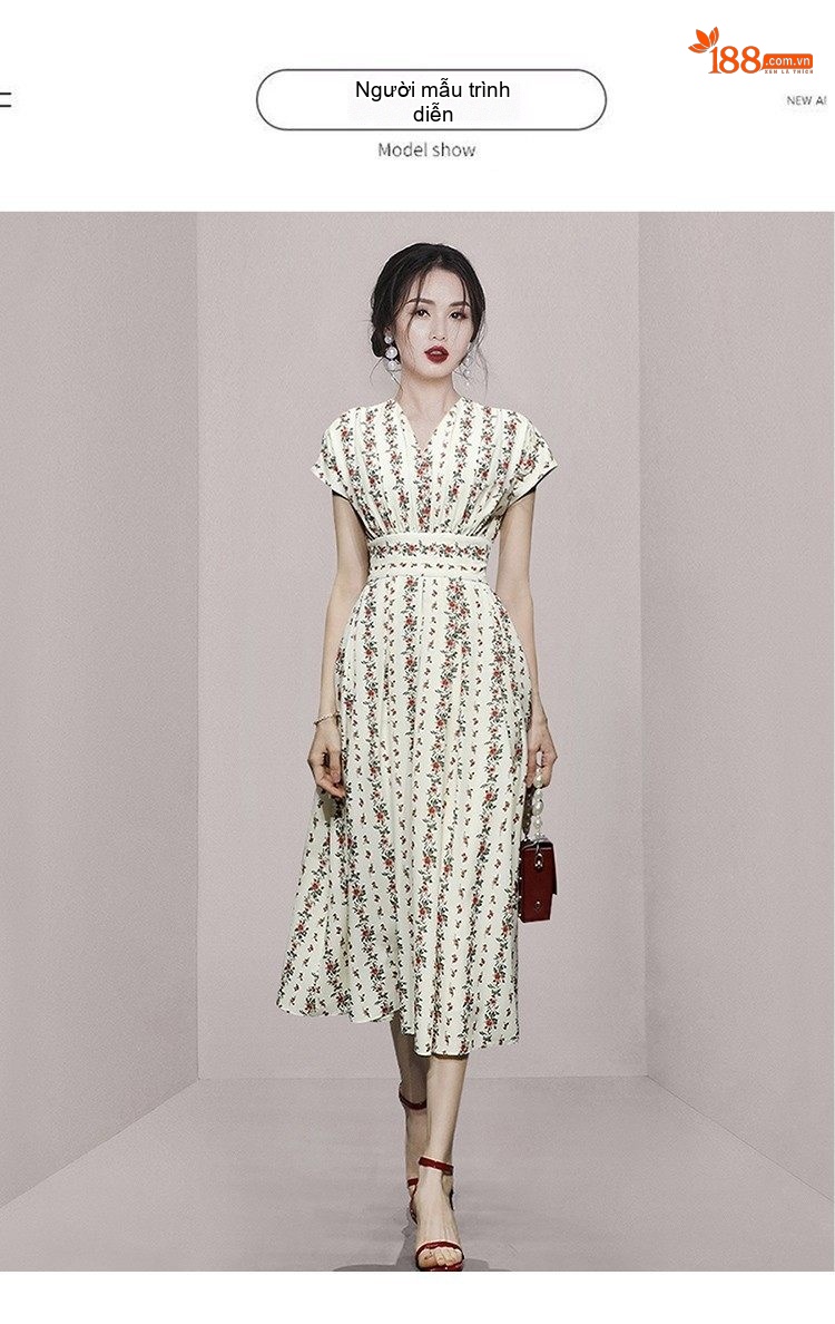Váy Midi Nữ Cổ chữ V In Hoa Nhí Thu Eo dáng chữ A chi tiết 7