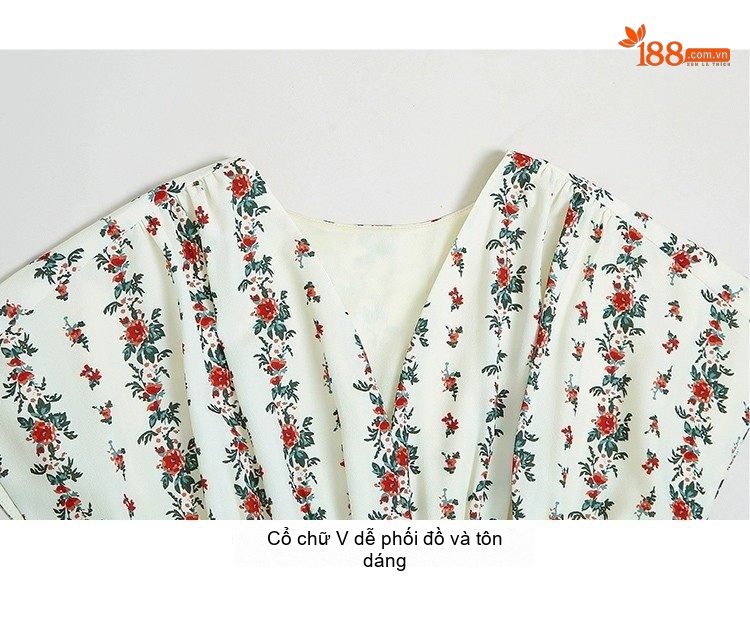 Váy Midi Nữ Cổ chữ V In Hoa Nhí Thu Eo dáng chữ A chi tiết 14