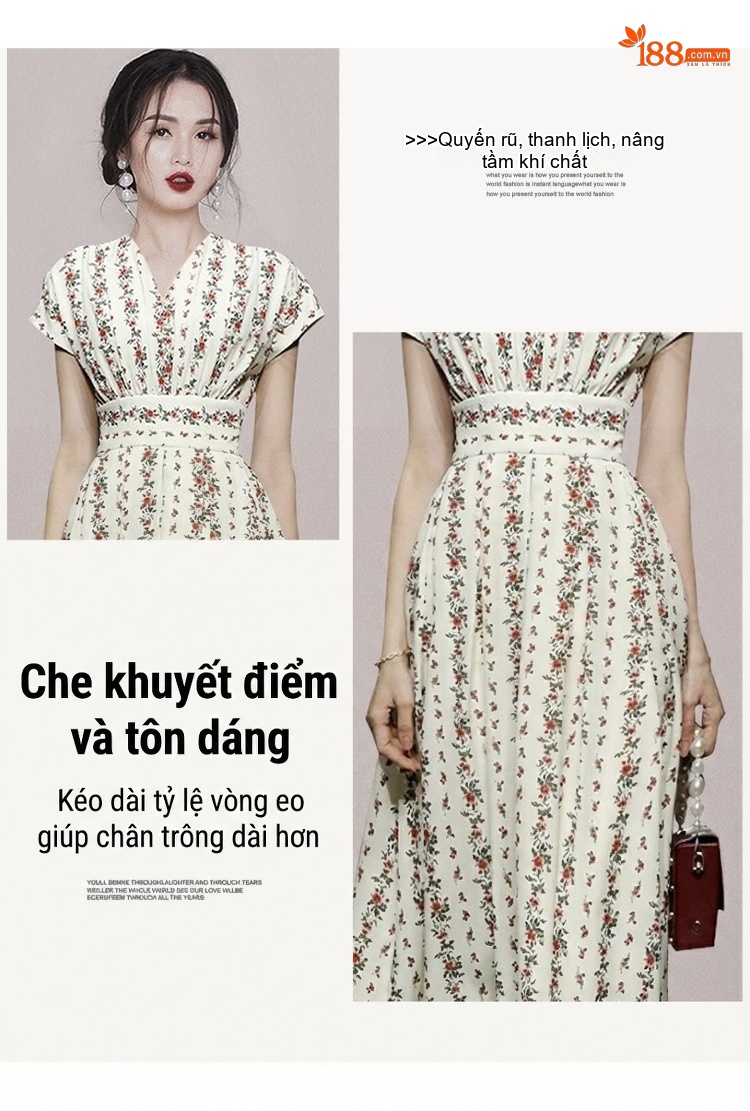 Váy Midi Nữ Cổ chữ V In Hoa Nhí Thu Eo dáng chữ A chi tiết 2