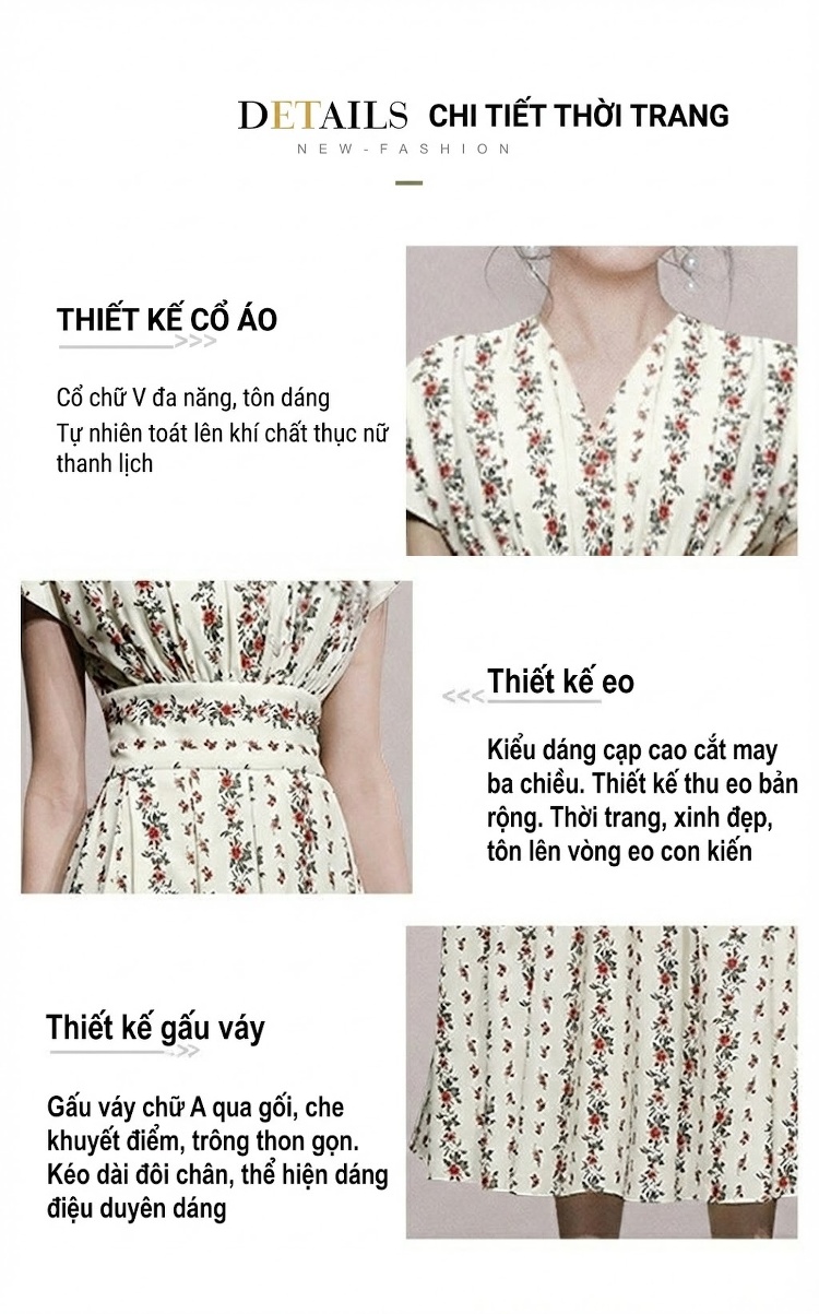 Váy Midi Nữ Cổ chữ V In Hoa Nhí Thu Eo dáng chữ A chi tiết 3