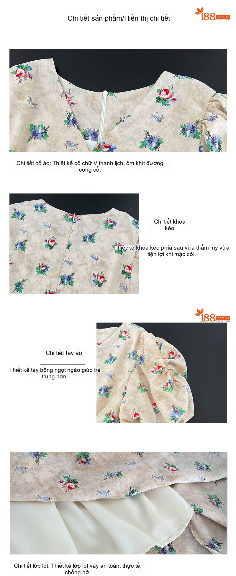 Váy Midi Nữ Cổ chữ V Retro Tay Bồng Họa Tiết Hoa Nhí Phong Cách Hàn Quốc chi tiết 4