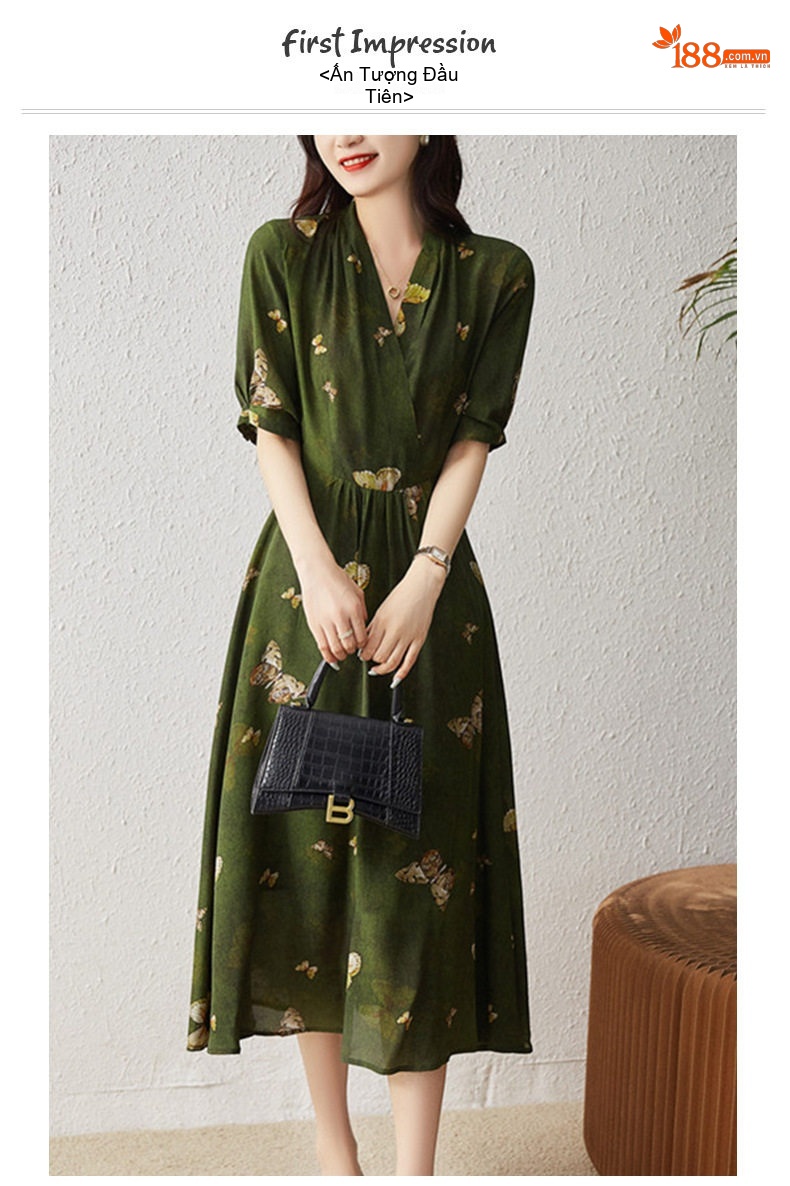 Váy Midi Nữ Cổ chữ V Thiết Kế Họa Tiết Bướm Tay Ngắn Phong Cách Retro Màu Xanh Lá chi tiết 1