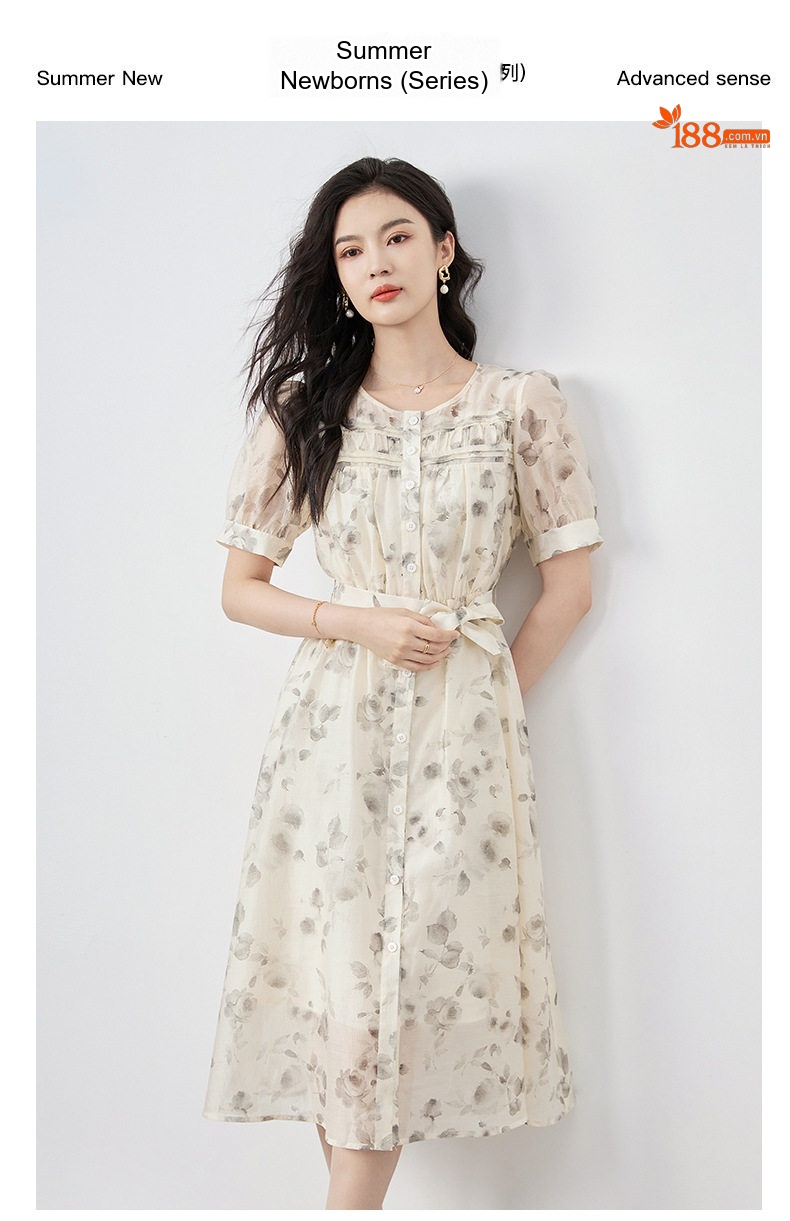 Váy Midi Nữ Cổ Điển Chiết Eo Họa Tiết Hoa Hồng Than Tinh Tế chi tiết 1