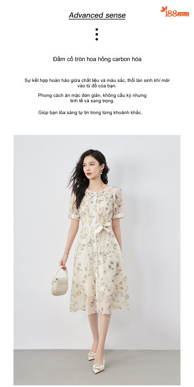 Váy Midi Nữ Cổ Điển Chiết Eo Họa Tiết Hoa Hồng Than Tinh Tế chi tiết 2