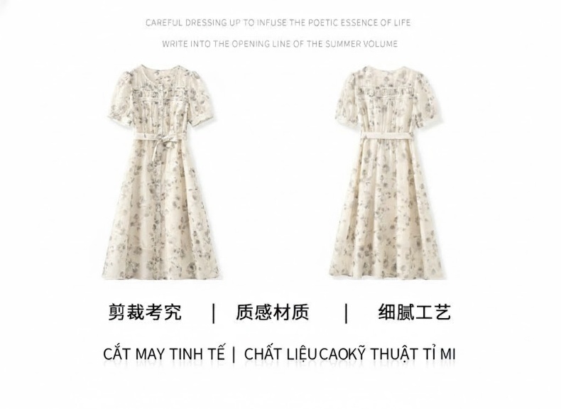 Váy Midi Nữ Cổ Điển Chiết Eo Họa Tiết Hoa Hồng Than Tinh Tế chi tiết 3