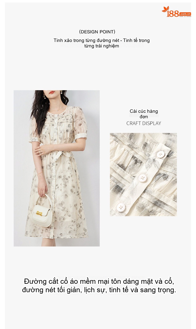 Váy Midi Nữ Cổ Điển Chiết Eo Họa Tiết Hoa Hồng Than Tinh Tế chi tiết 4