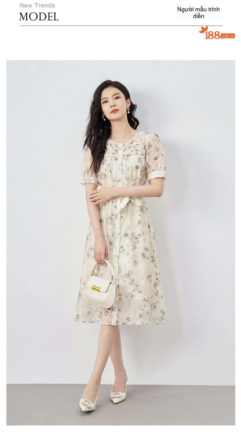 Váy Midi Nữ Cổ Điển Chiết Eo Họa Tiết Hoa Hồng Than Tinh Tế chi tiết 8