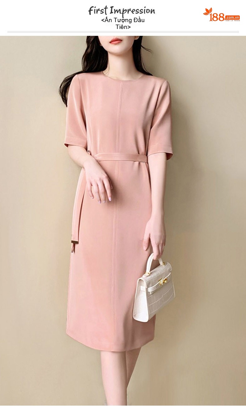 Váy Midi Nữ Cổ Tròn Tay Lỡ Thiết Kế Thanh Lịch Màu Hồng, Xanh chi tiết 1