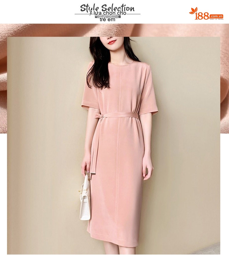 Váy Midi Nữ Cổ Tròn Tay Lỡ Thiết Kế Thanh Lịch Màu Hồng, Xanh chi tiết 3