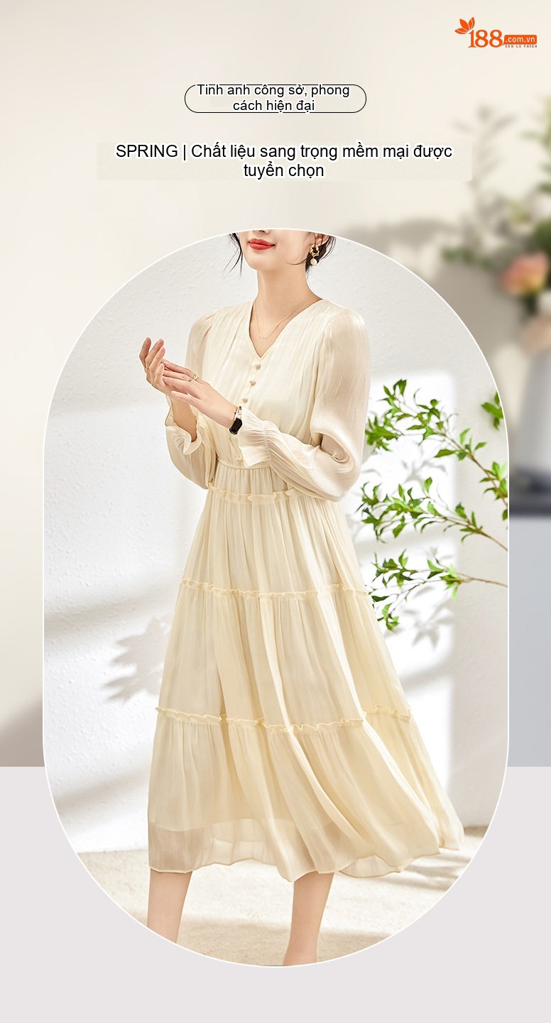 Váy Midi Nữ Tay Dài Cổ chữ V Thiết Kế Bèo Nhún Chất Liệu Voan Lụa Ngọc Trai Màu Trắng Kem, Đen chi tiết 1