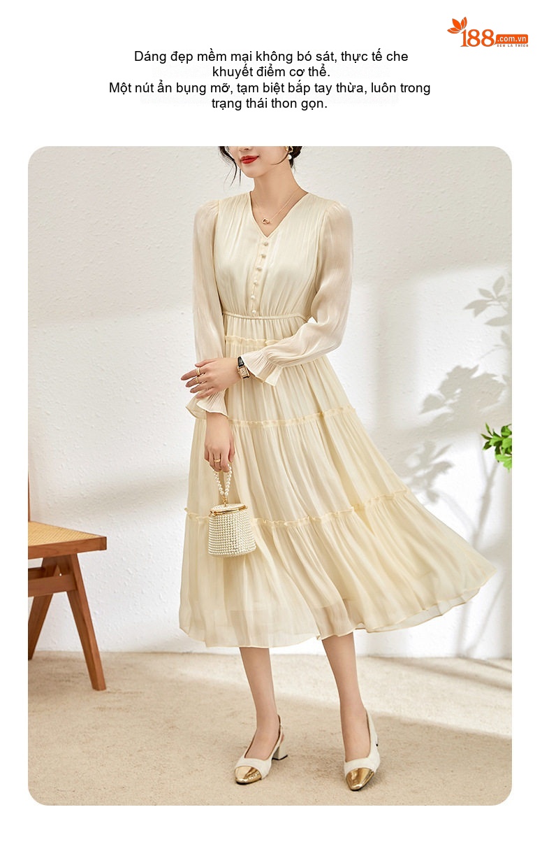Váy Midi Nữ Tay Dài Cổ chữ V Thiết Kế Bèo Nhún Chất Liệu Voan Lụa Ngọc Trai Màu Trắng Kem, Đen chi tiết 3