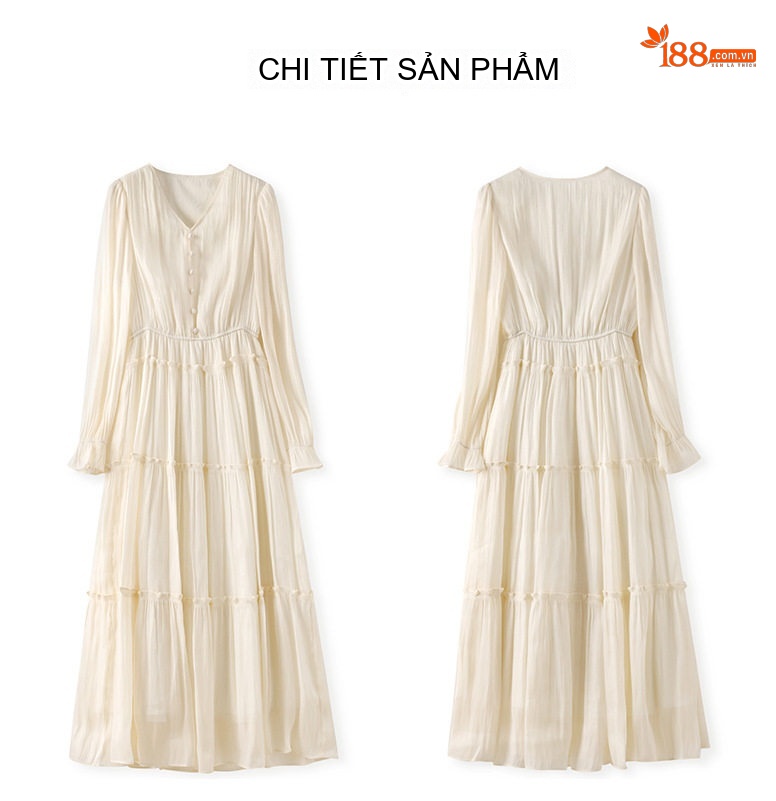 Váy Midi Nữ Tay Dài Cổ chữ V Thiết Kế Bèo Nhún Chất Liệu Voan Lụa Ngọc Trai Màu Trắng Kem, Đen chi tiết 12