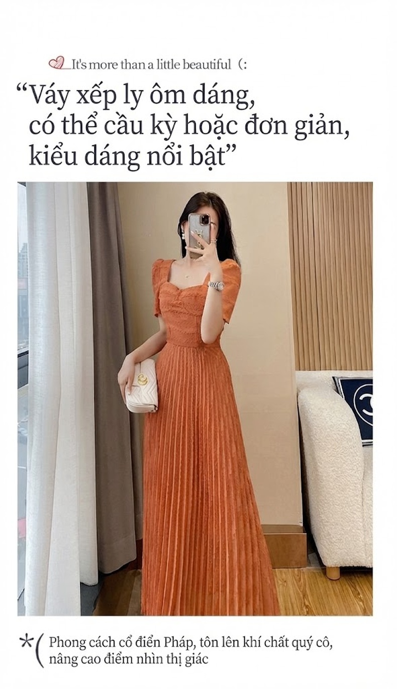 Váy Midi Nữ Tay Ngắn Cổ chữ Vuông Dáng Xòe Xếp Ly Màu Cam chi tiết 2