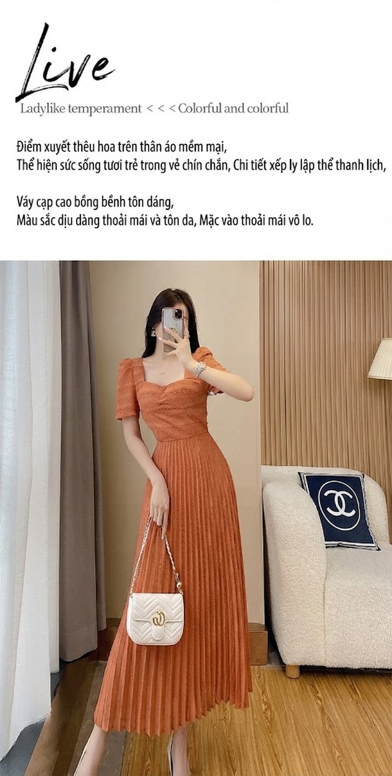 Váy Midi Nữ Tay Ngắn Cổ chữ Vuông Dáng Xòe Xếp Ly Màu Cam chi tiết 4