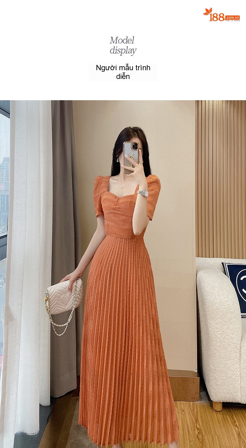 Váy Midi Nữ Tay Ngắn Cổ chữ Vuông Dáng Xòe Xếp Ly Màu Cam chi tiết 6