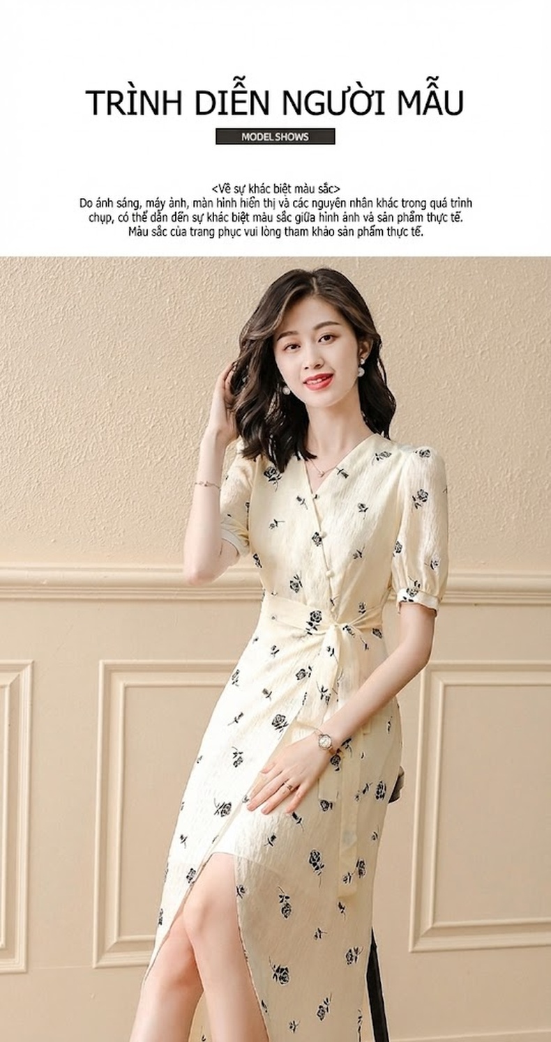 Váy Midi Nữ Xẻ Tà Họa Tiết Hoa Nhí Phong Cách Nhẹ Nhàng Màu Kem chi tiết 8