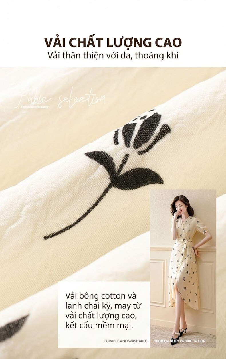 Váy Midi Nữ Xẻ Tà Họa Tiết Hoa Nhí Phong Cách Nhẹ Nhàng Màu Kem chi tiết 7