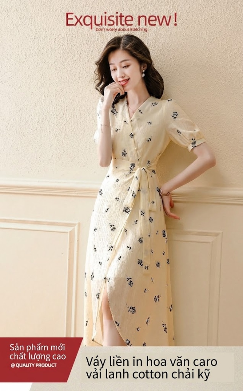 Váy Midi Nữ Xẻ Tà Họa Tiết Hoa Nhí Phong Cách Nhẹ Nhàng Màu Kem chi tiết 1