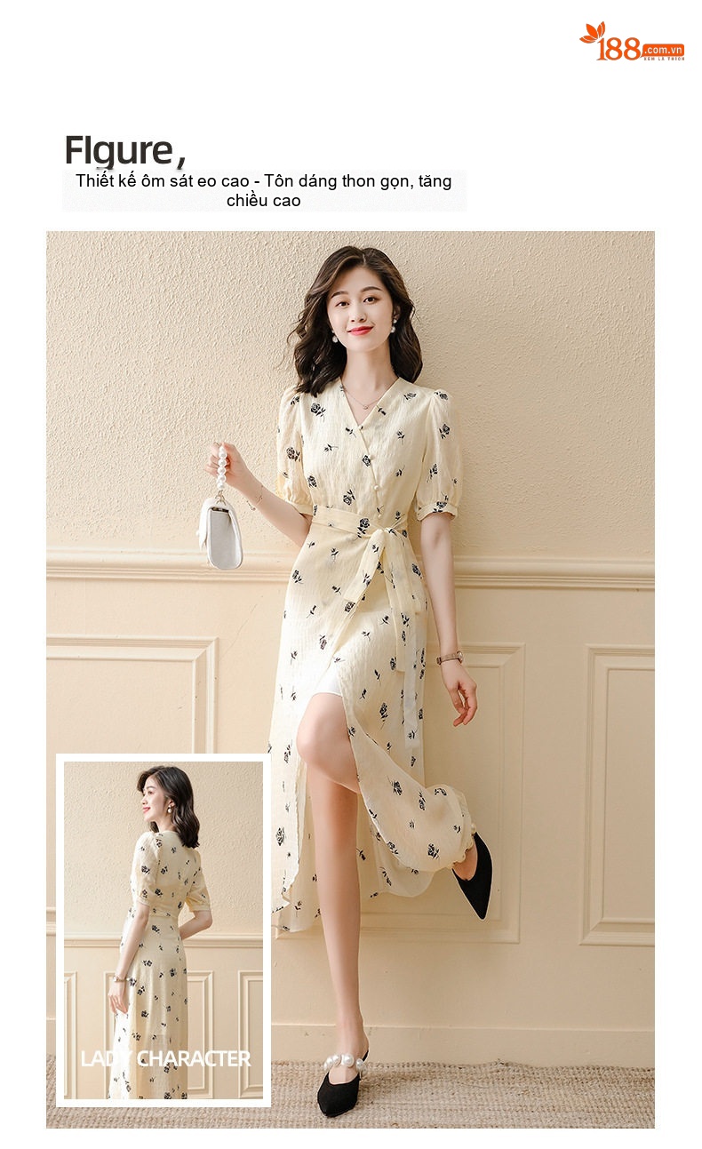 Váy Midi Nữ Xẻ Tà Họa Tiết Hoa Nhí Phong Cách Nhẹ Nhàng Màu Kem chi tiết 2
