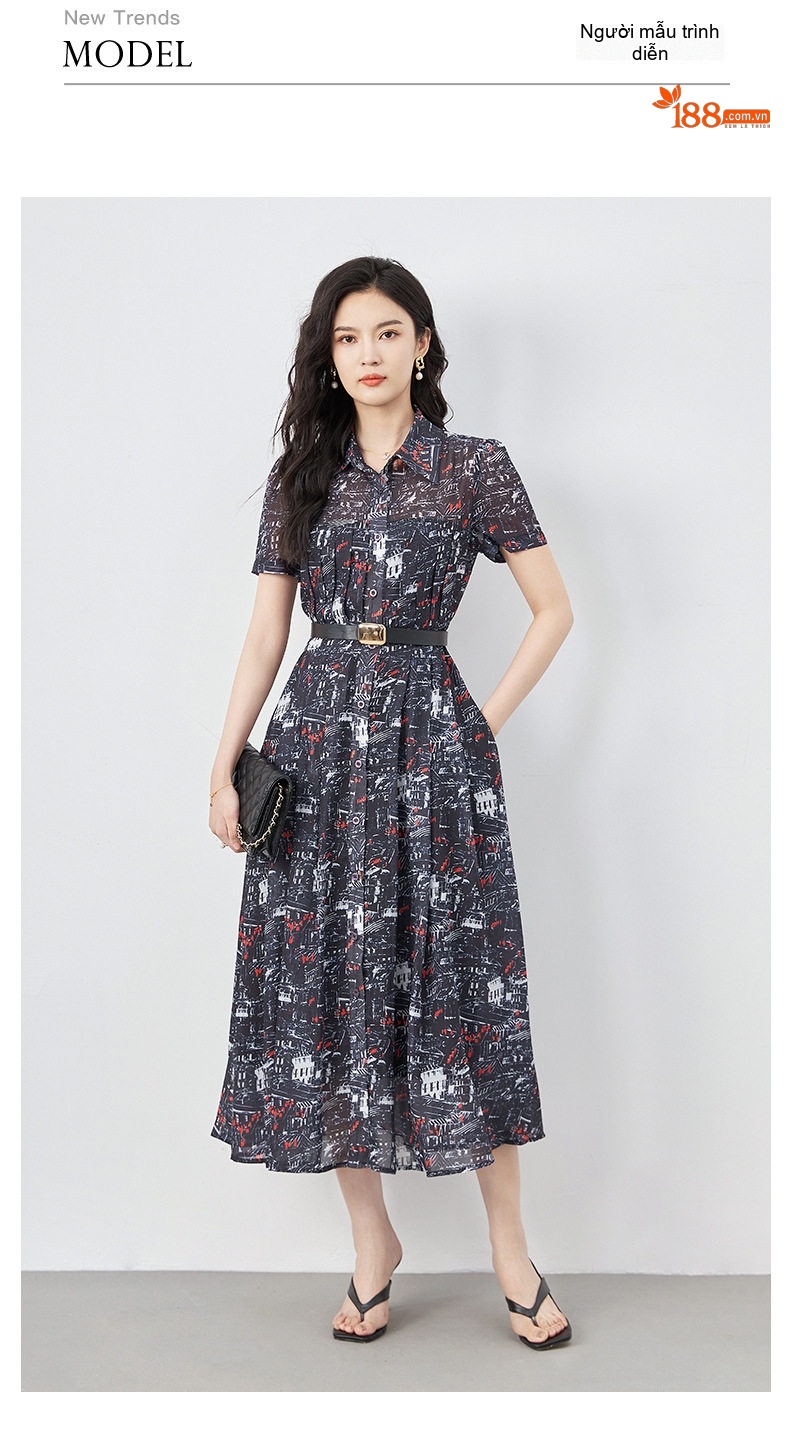 Váy Midi Nữ Xòe In Họa Tiết Thu Eo Phong Cách Pháp Chất Liệu Voan Màu Đen, Trắng, Đỏ chi tiết 8