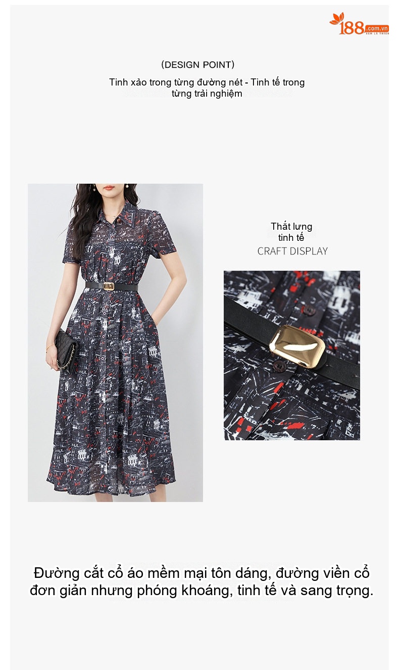 Váy Midi Nữ Xòe In Họa Tiết Thu Eo Phong Cách Pháp Chất Liệu Voan Màu Đen, Trắng, Đỏ chi tiết 4