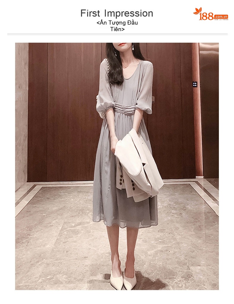 Váy Midi Tay Lỡ Dáng Xòe Thiết Kế Pháp Tinh Tế Màu Xám chi tiết 1