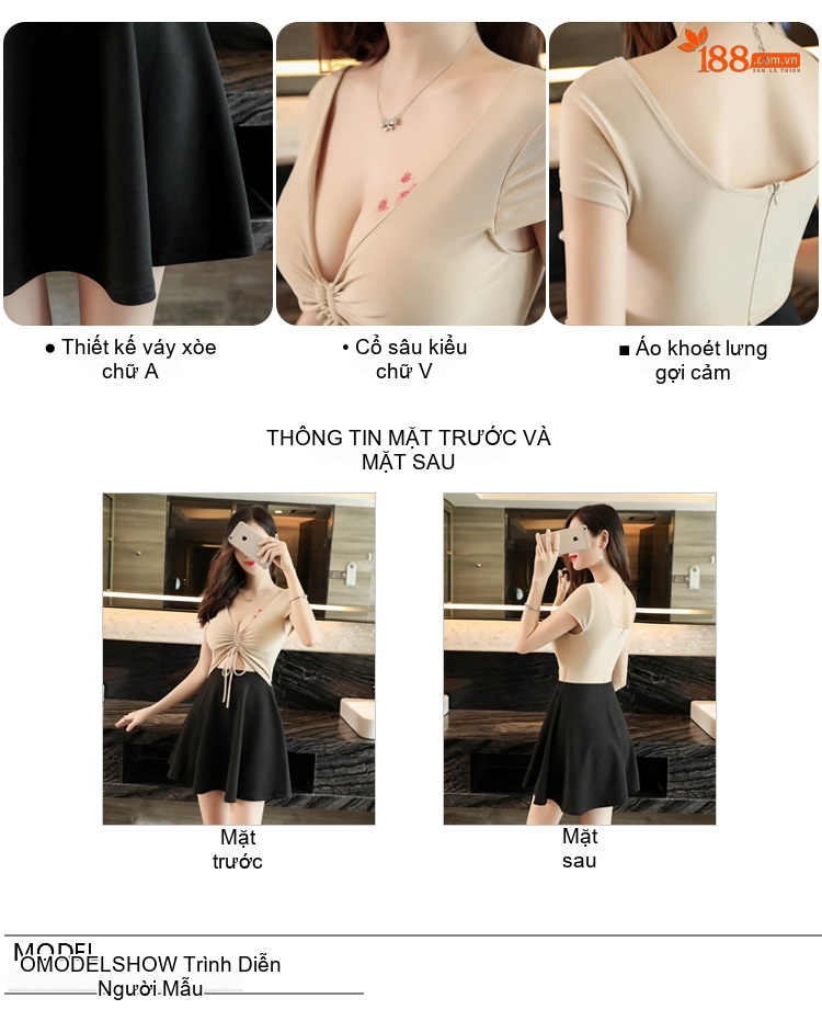 Váy Ngắn Chữ A Nữ Ôm Dáng Che Bụng Cổ chữ V Sâu Gợi Cảm Màu Đen, Kem chi tiết 3