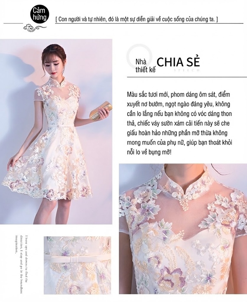 Váy Ngắn Dự Tiệc Kiểu Sườn Xám Cách Tân Phong Cách Trung Hoa Thêu Hoa chi tiết 2