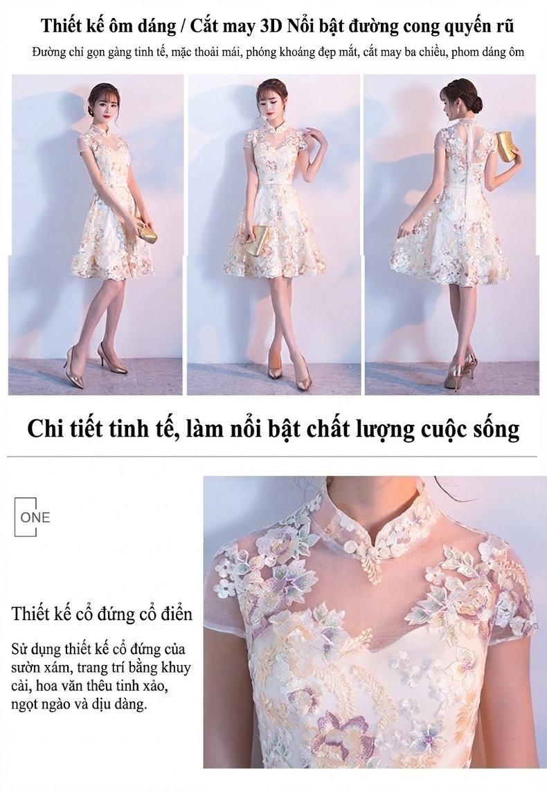 Váy Ngắn Dự Tiệc Kiểu Sườn Xám Cách Tân Phong Cách Trung Hoa Thêu Hoa chi tiết 4