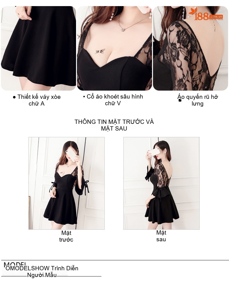 Váy Ngắn Nữ A Line Cổ chữ V Tay Dài Gợi Cảm Màu Đen, Trắng, Đỏ chi tiết 3