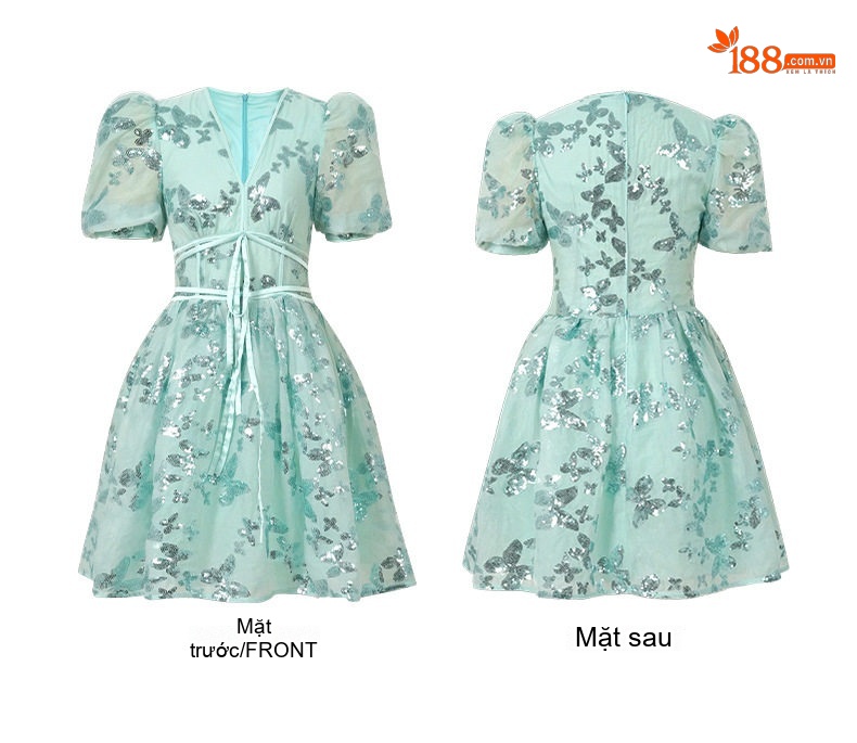 Váy Ngắn Nữ Chữ A Tay Phồng Cổ chữ V Thiết Kế Pháp Đính Lấp Lánh Màu Xanh Bạc chi tiết 4