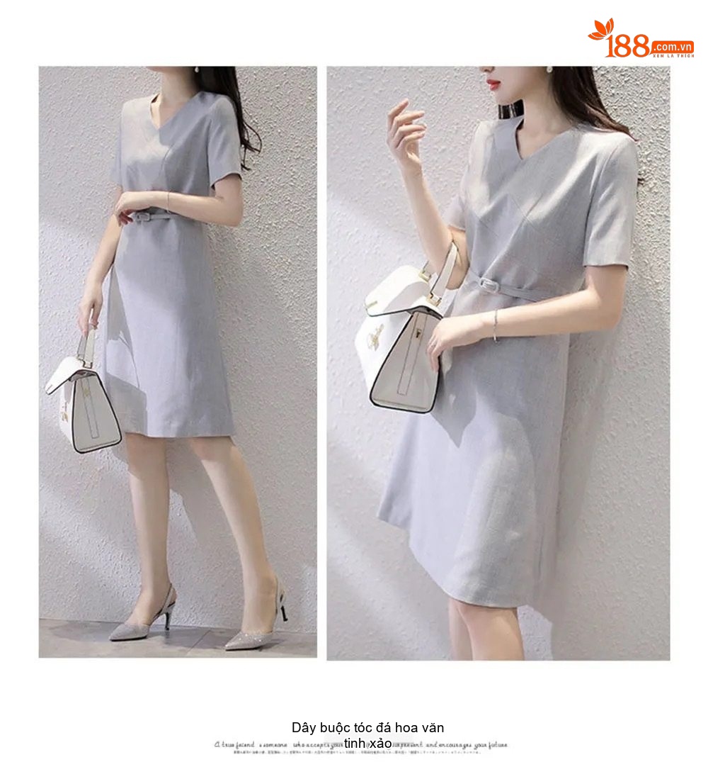Váy Ngắn Nữ Cổ chữ V Pháp Thu Eo Kiểu Pháp Màu Xám chi tiết 6
