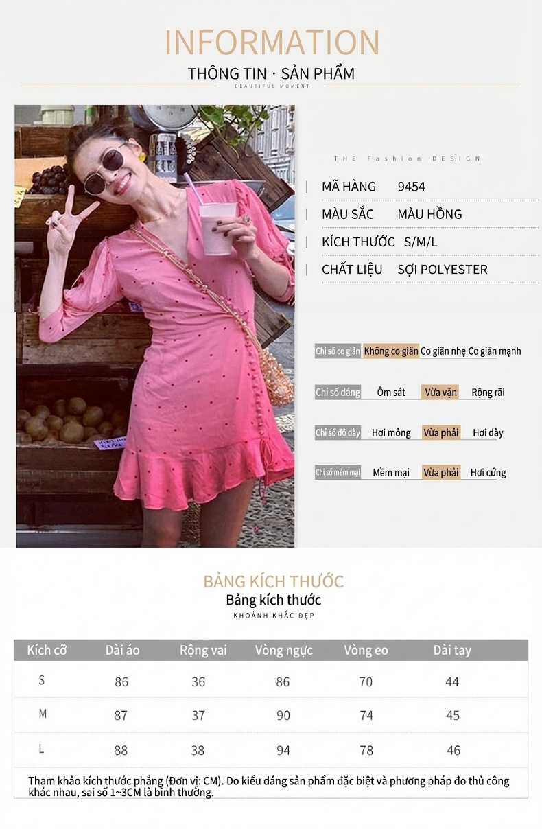 Váy Ngắn Nữ Cổ Chữ V Tay Dài Họa Tiết Chấm Bi Viền Bèo Phong Cách Pháp Màu Hồng chi tiết 1