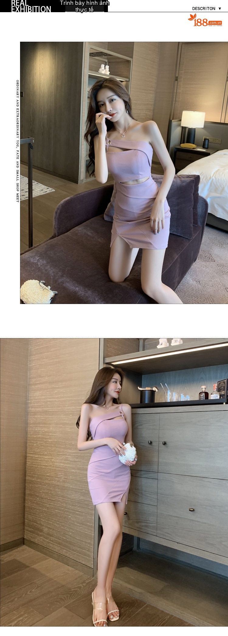 Váy Ngắn Nữ Hở Lưng Xẻ Tà Thiết Kế Cổ Yếm Màu Tím, Vàng, Trắng, Đen... chi tiết 4