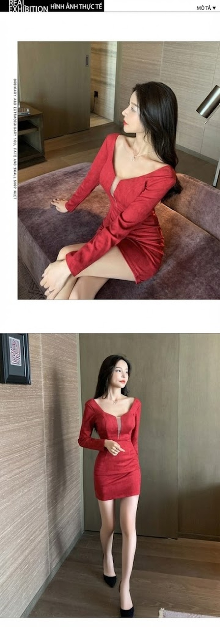 Váy Ngắn Nữ Ôm Body Cổ chữ V Tay Dài Nỉ Gợi Cảm Dự Tiệc Màu Đỏ, Đen chi tiết 4