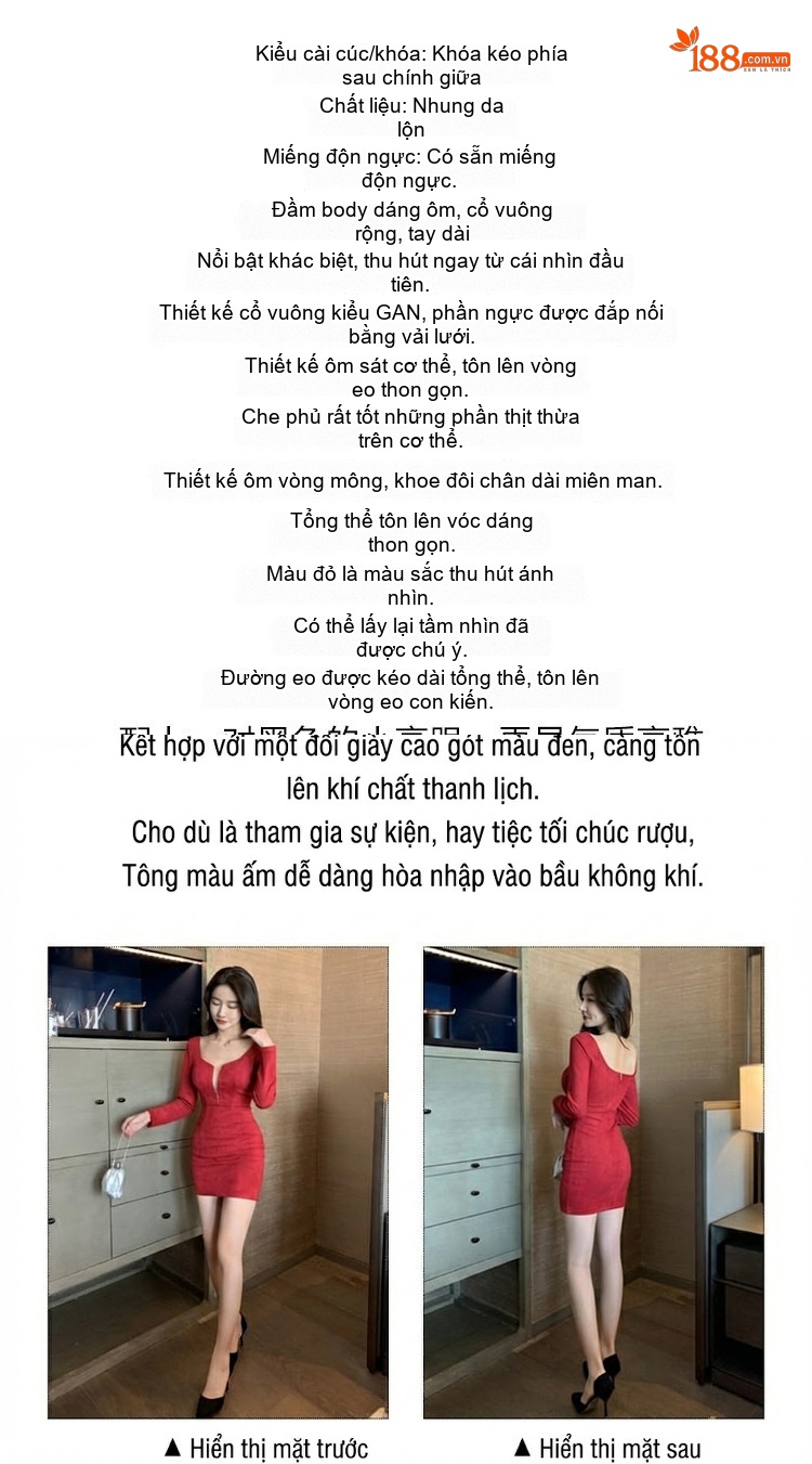 Váy Ngắn Nữ Ôm Body Cổ chữ V Tay Dài Nỉ Gợi Cảm Dự Tiệc Màu Đỏ, Đen chi tiết 2