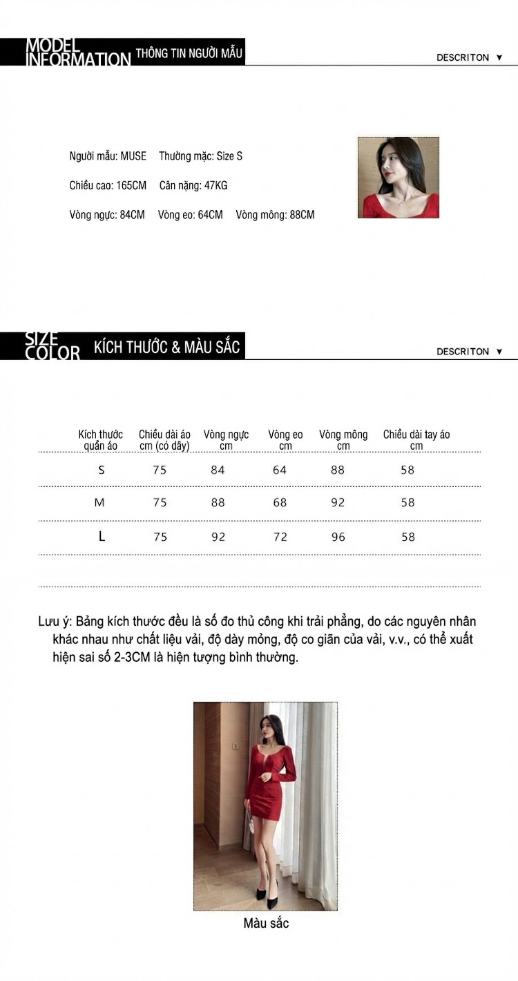 Váy Ngắn Nữ Ôm Body Cổ chữ V Tay Dài Nỉ Gợi Cảm Dự Tiệc Màu Đỏ, Đen chi tiết 3