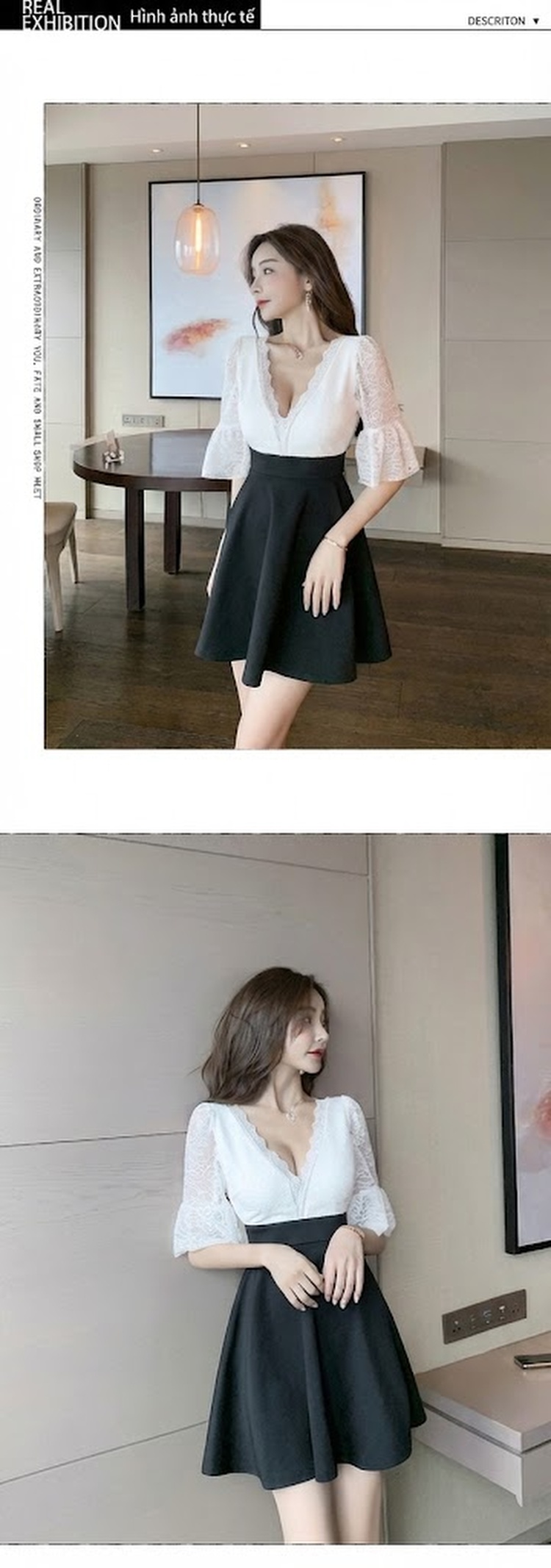 Váy Ngắn Nữ Ren Cổ chữ V Chữ A Eo Cao Phong Cách Tiểu Thư Màu Trắng, Đen chi tiết 3