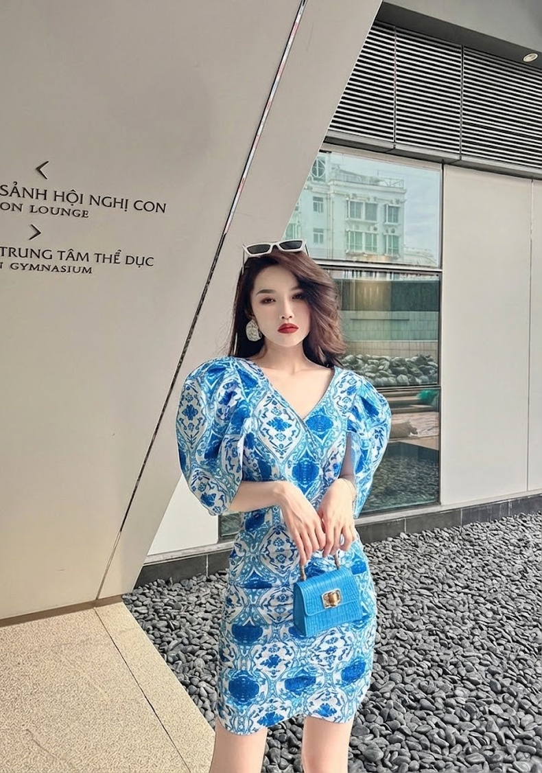 Váy Ngắn Nữ Tay Phồng Họa Tiết Dáng Ôm chi tiết 6