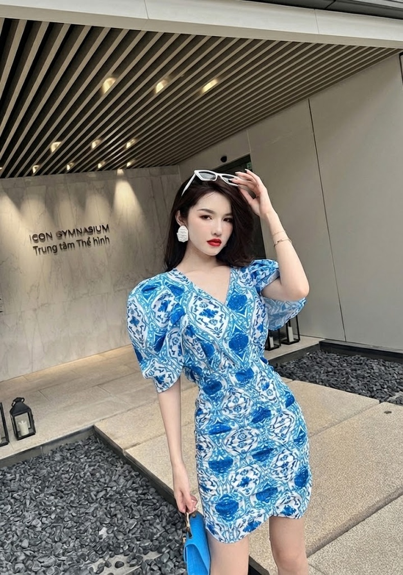 Váy Ngắn Nữ Tay Phồng Họa Tiết Dáng Ôm chi tiết 11
