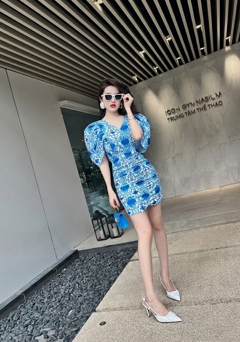 Váy Ngắn Nữ Tay Phồng Họa Tiết Dáng Ôm chi tiết 12
