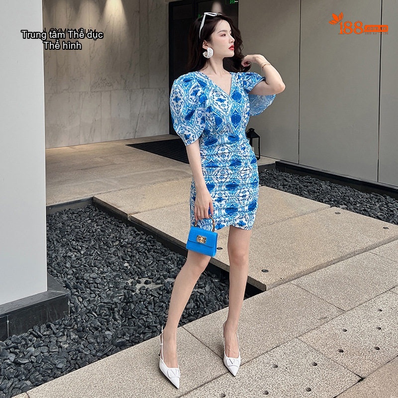 Váy Ngắn Nữ Tay Phồng Họa Tiết Dáng Ôm