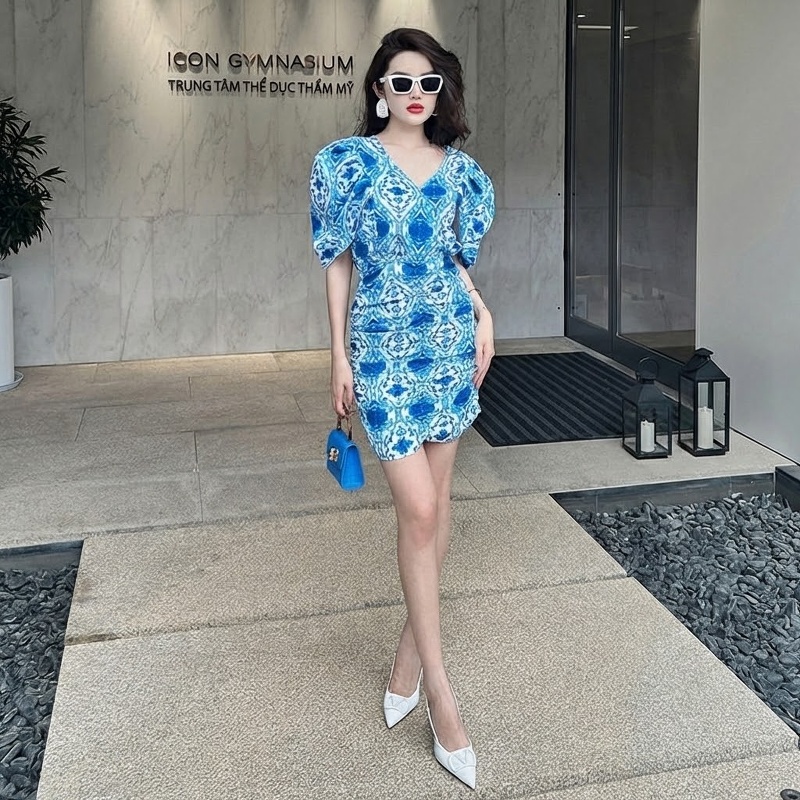 Váy Ngắn Nữ Tay Phồng Họa Tiết Dáng Ôm