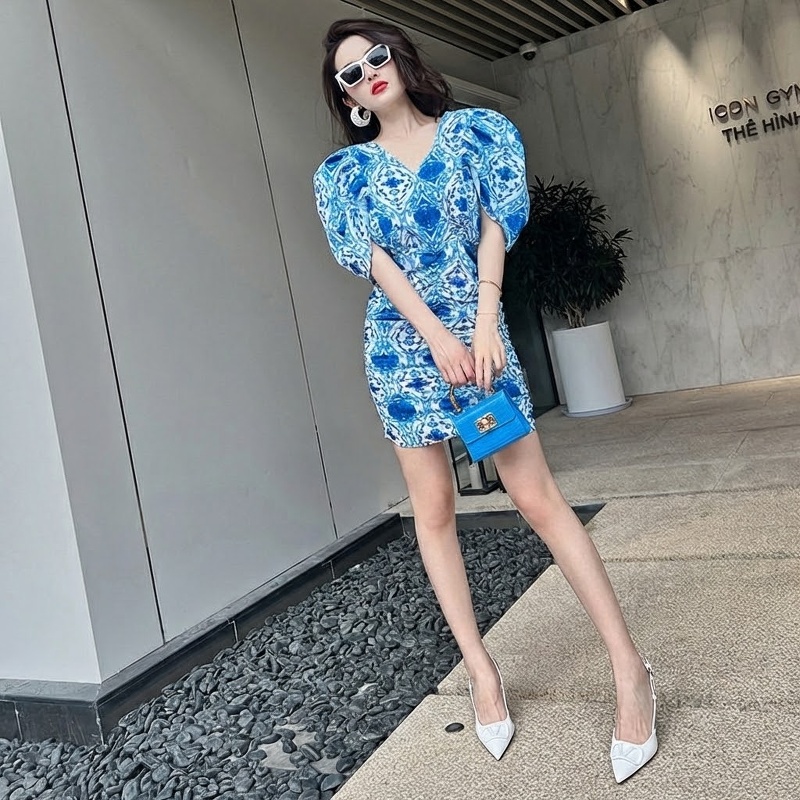 Váy Ngắn Nữ Tay Phồng Họa Tiết Dáng Ôm
