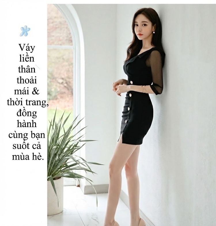Váy Ngắn Ôm Body Cổ chữ V Viền Lưới Tay Lỡ Phong Cách Quý Cô Màu Đen chi tiết 7